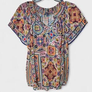 Democracy Multicolor Colorful Abstract Split Neck Short Sleeve Blouse - Size XL